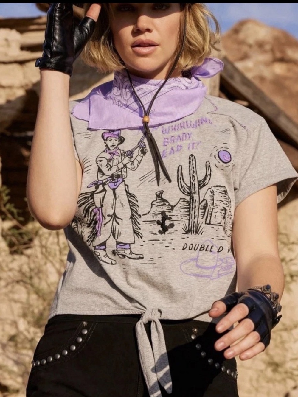 Double D Ranch Reap the Whirlwind Tie Front T-Shir embroidered RTL $205 XS NWT